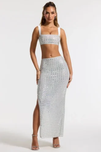 Falda larga de talle medio con adornos Siona en color plata
