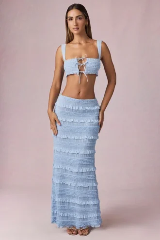 Falda larga de talle medio con volantes Orena en azul claro
