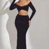 Falda larga de terciopelo Nixie de talle medio en negro azabache