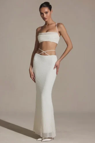 Falda larga de tirantes con adornos Sardinia en blanco