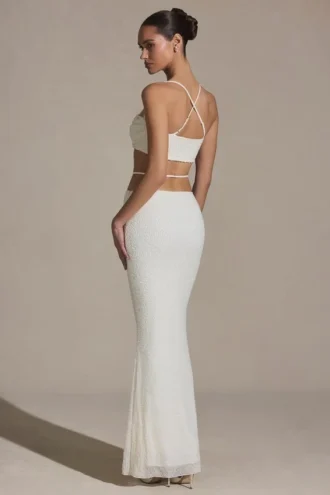 Falda larga de tirantes con adornos Sardinia en blanco