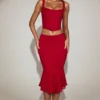 Falda midi acampanada de encaje coral en rojo intenso