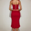 Falda midi acampanada de encaje coral en rojo intenso