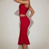 Falda midi acampanada de encaje coral en rojo intenso