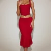Falda midi acampanada de encaje coral en rojo intenso