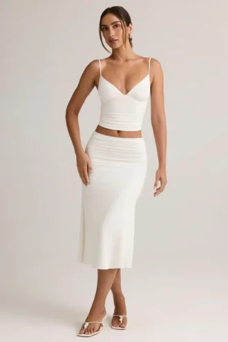 Falda midi de talle medio con fruncidos Luella Modal en blanco