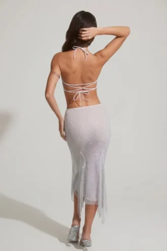 Falda midi-longitud Jordana con bajo en forma de pañuelo y adornos en color plateado