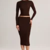 Falda midi lápiz de talle medio Aven Modal en marrón chocolate