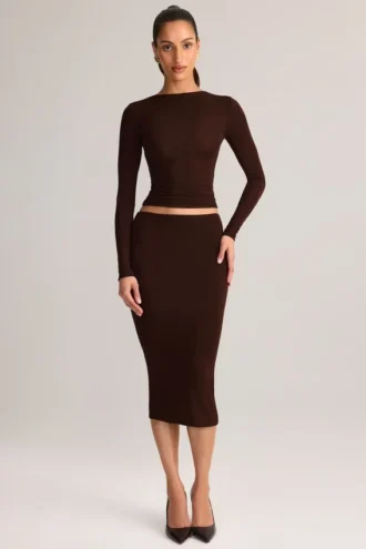 Falda midi lápiz de talle medio Aven Modal en marrón chocolate