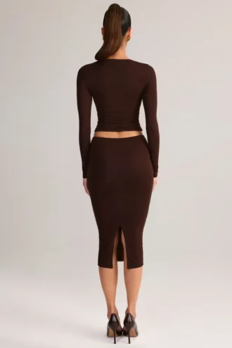 Falda midi lápiz de talle medio Aven Modal en marrón chocolate