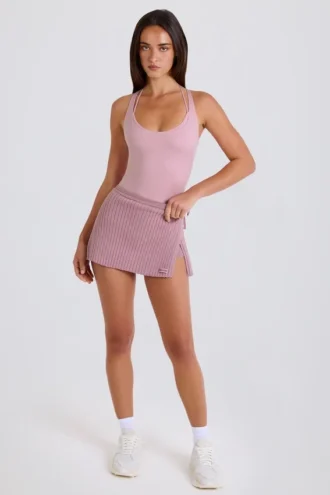 Falda-pantalón cruzada de punto acanalado en malva