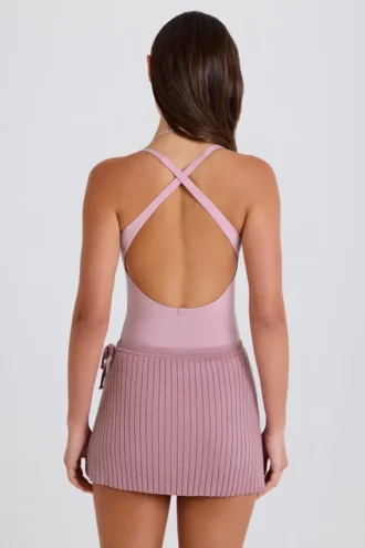 Falda-pantalón cruzada de punto acanalado en malva