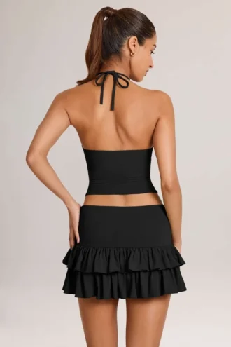 Falda-pantalón mini de modal con volantes y talle medio Azaria en negro