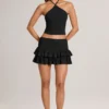 Falda-pantalón mini de modal con volantes y talle medio Azaria en negro