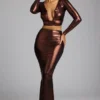 Falda vestido Zahra de jersey metalizado de talle medio en bronce cobrizo