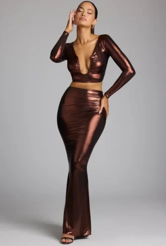 Falda vestido Zahra de jersey metalizado de talle medio en bronce cobrizo