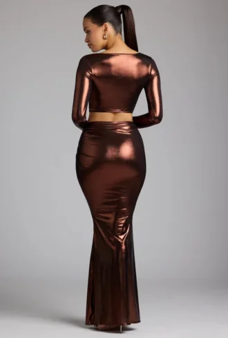Falda vestido Zahra de jersey metalizado de talle medio en bronce cobrizo