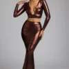 Falda vestido Zahra de jersey metalizado de talle medio en bronce cobrizo