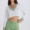 Jersey corto de punto trenzado de algodón en verde marfil