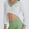 Jersey corto de punto trenzado de algodón en verde marfil