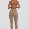 Leggings de cintura media con fruncidos en jersey cepillado en color moca jaspeado