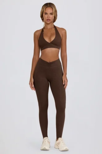 Leggings de jersey cepillado con fruncidos y cintura media en color nueces jaspeado