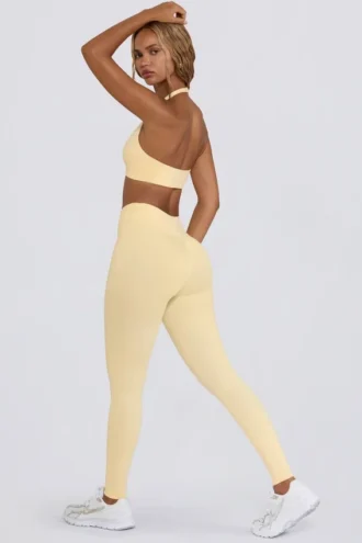 Leggings de jersey cepillado con fruncidos y talle medio en color limón jaspeado