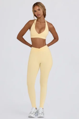 Leggings de jersey cepillado con fruncidos y talle medio en color limón jaspeado