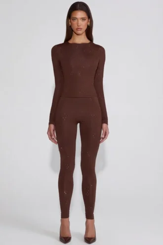 Leggings de jersey con adornos y cintura alta Cassie en marrón chocolate