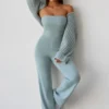 Mono bandeau de punto grueso con pernera acampanada en verde azulado apagado
