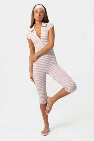 Mono capri de jersey acanalado con rayas rosas
