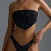 Oh Polly Ropa de baño: Top de bikini bandeau con pañuelo adornado, edición HOTFIX, en negro