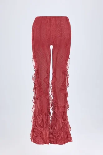 Pantalones acampanados de talle medio con volantes Felicity en estampado rojo