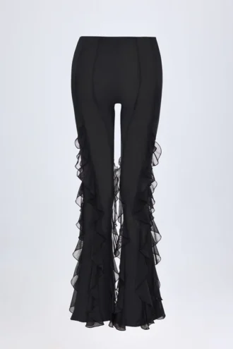 Pantalones acampanados de talle medio con volantes Felicity en negro