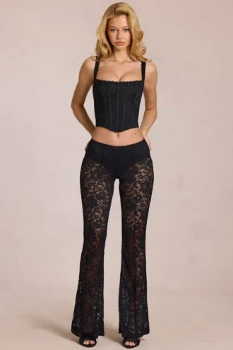 Pantalones acampanados de talle medio de encaje transparente Calista en negro