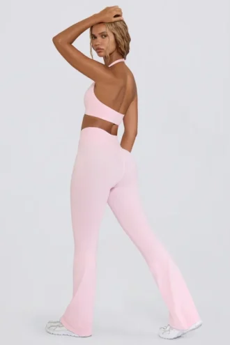 Pantalones acampanados fruncidos de jersey cepillado en rosa pálido jaspeado
