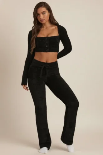Pantalones anchos de punto mullido Safia en negro