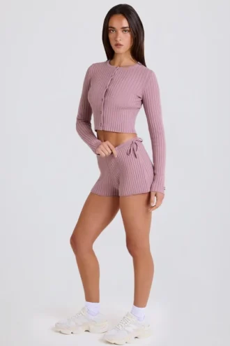 Pantalones Cortos de Punto Acanalado con Cordones en Malva