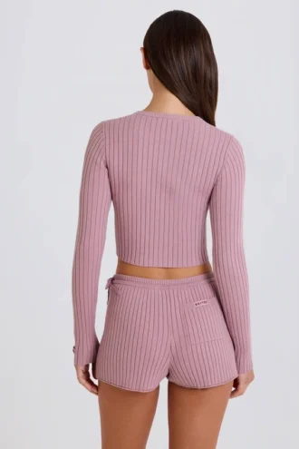 Pantalones Cortos de Punto Acanalado con Cordones en Malva