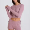 Pantalones Cortos de Punto Acanalado con Cordones en Malva