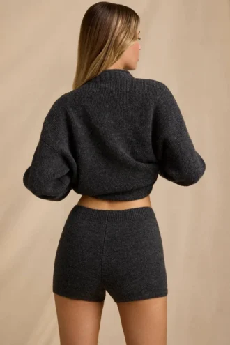 Pantalones Cortos de Punto de Talle Medio en Gris Carbón Jaspeado