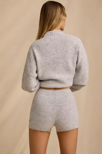 Pantalones Cortos de Punto de Talle Medio en Gris Hielo Jaspeado