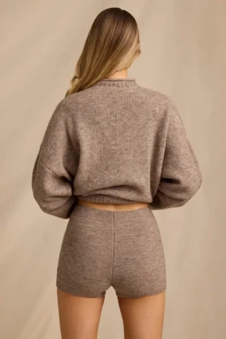 Pantalones Cortos de Punto de Talle Medio en Marrón Jaspeado