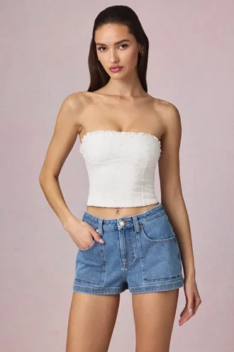 Pantalones Cortos de talle alto y corte acampanado Beata en lavado azul medio