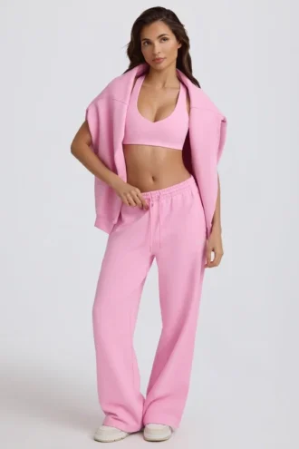 Pantalones de chándal de jersey de algodón suave, de talle medio y pierna ancha en rosa bebé