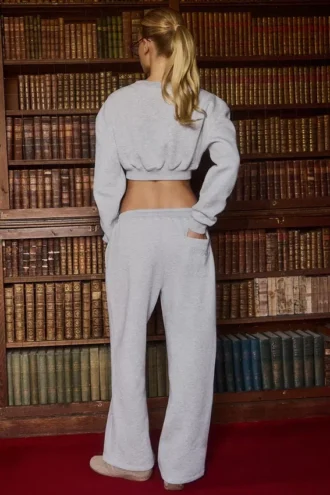 Pantalones de chándal de pierna ancha de jersey cepillado en gris jaspeado