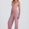 Pantalones de chándal de pierna ancha de punto acanalado en malva
