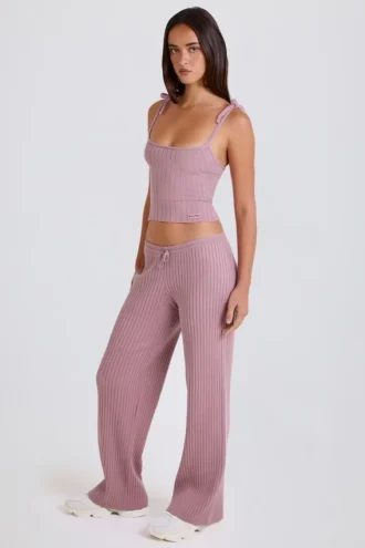 Pantalones de chándal de pierna ancha de punto acanalado en malva