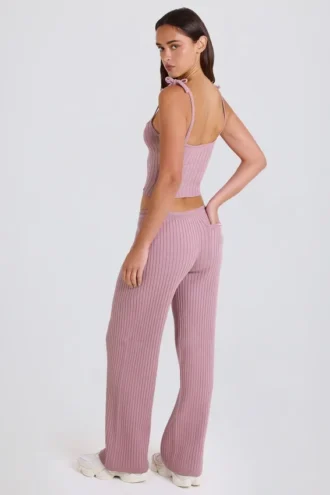 Pantalones de chándal de pierna ancha de punto acanalado en malva