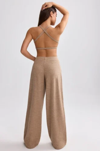 Pantalones de chándal de rizo de pierna ancha en marrón moca